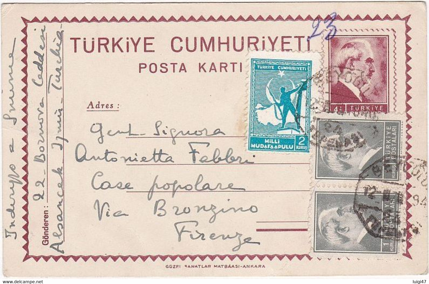 1946 - Turchia - Cartolina Postale Con Affrancatura Complementare - Lettres & Documents