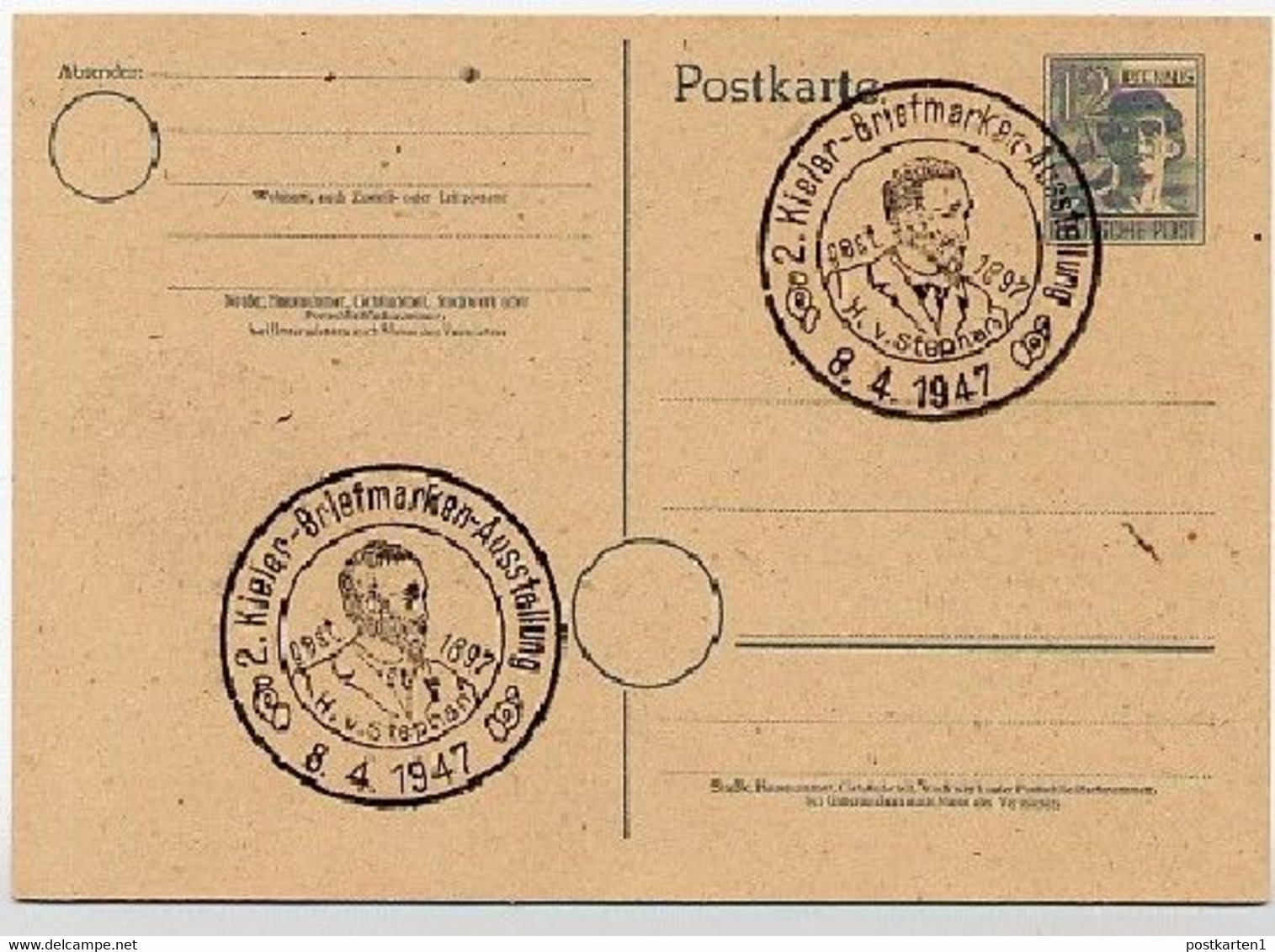 Postkarte P962 ZC Zudruck Ausstellung KIEL H.v. STEPHAN 1947 NGK 10,00 € - Postal  Stationery