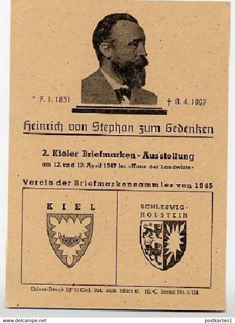 Postkarte P962 ZC Zudruck Ausstellung KIEL H.v. STEPHAN 1947 NGK 10,00 € - Interi Postali