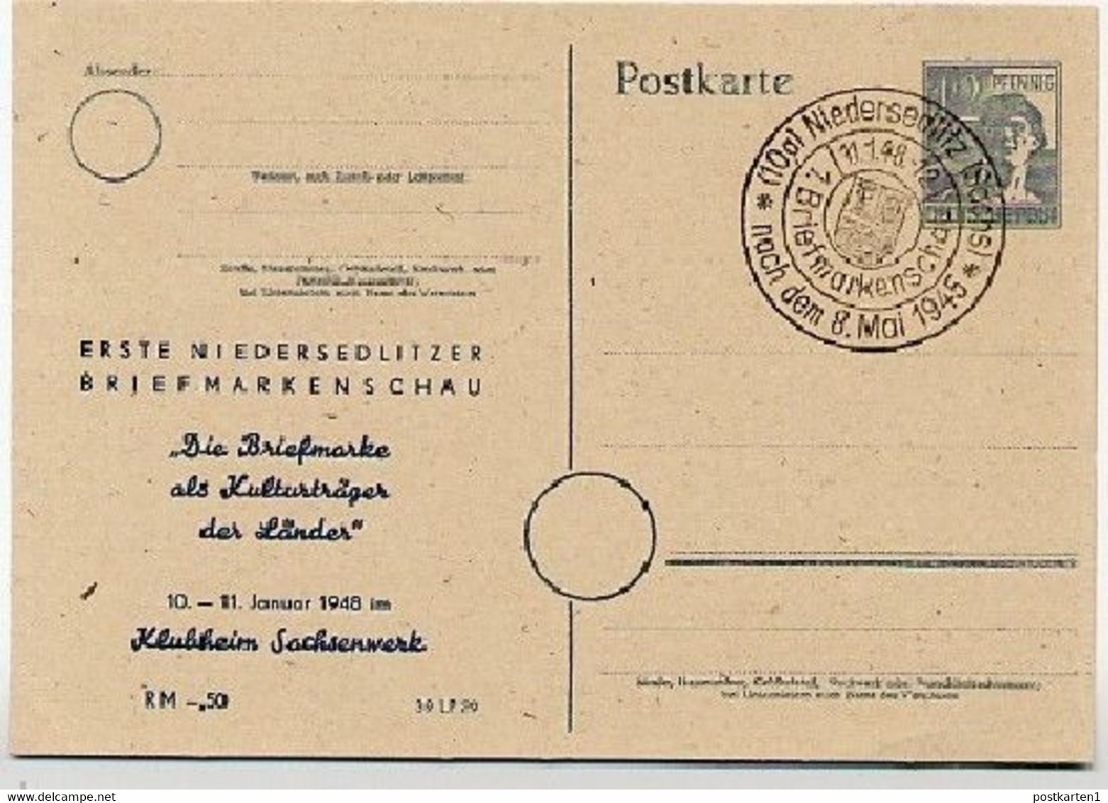 Postkarte P962 ZC/02 Zudruck Briefmarkenschau NIEDERSEDLITZ  Sost. 1948  Netto-Kat. 10,00 € - Postwaardestukken