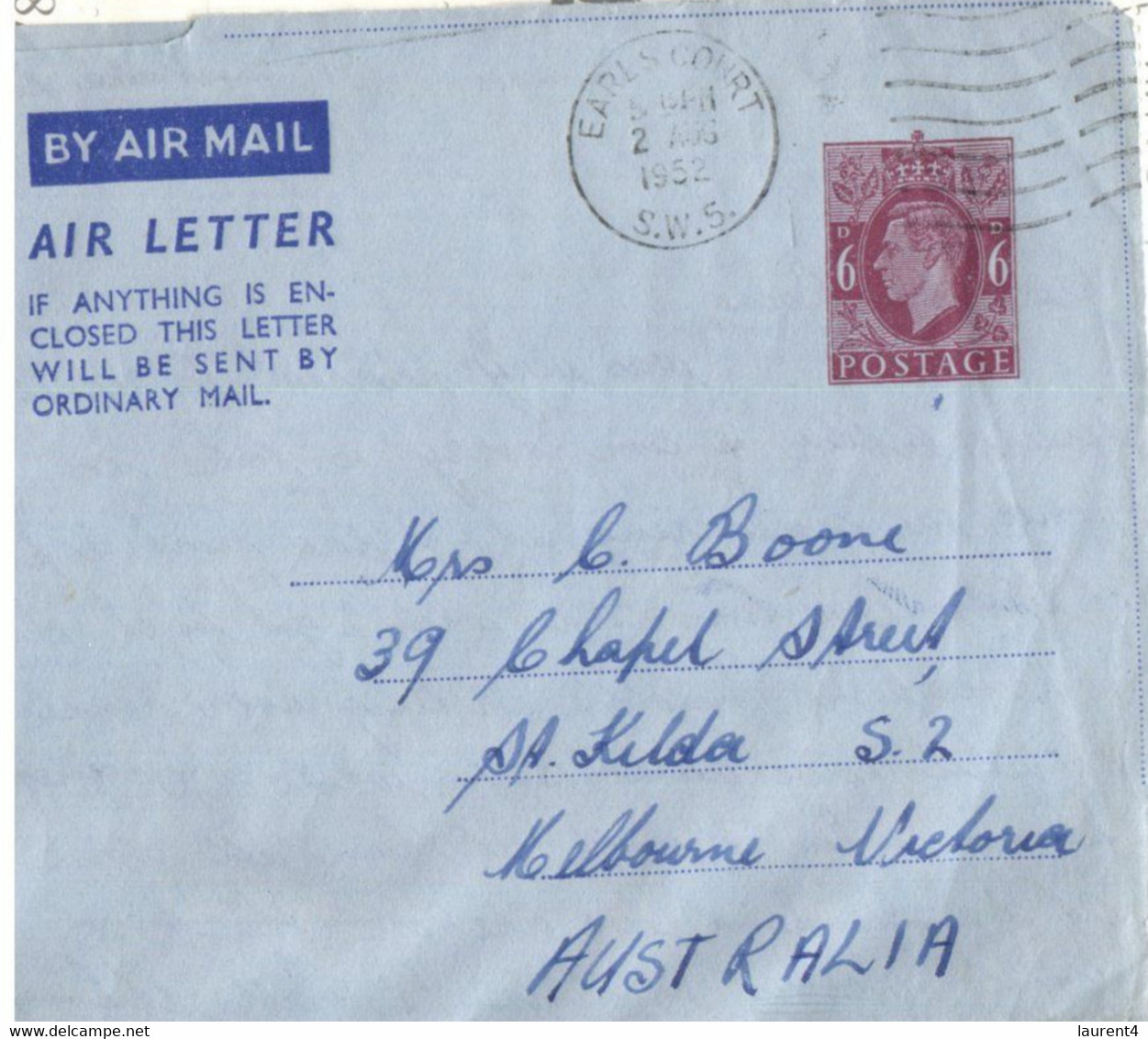 (KK 10) Cover Posted From  UK Earlscourt To Melbourne (1952) Air Letter - Briefe U. Dokumente