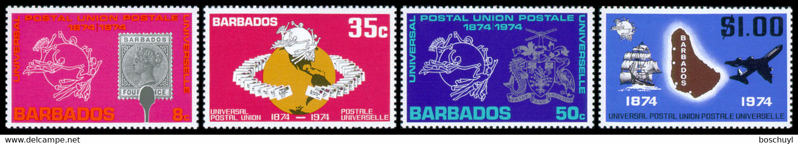 Barbados, 1974, UPU, Universal Postal Union, United Nations, MNH, Michel 381-384 - Barbados (1966-...)
