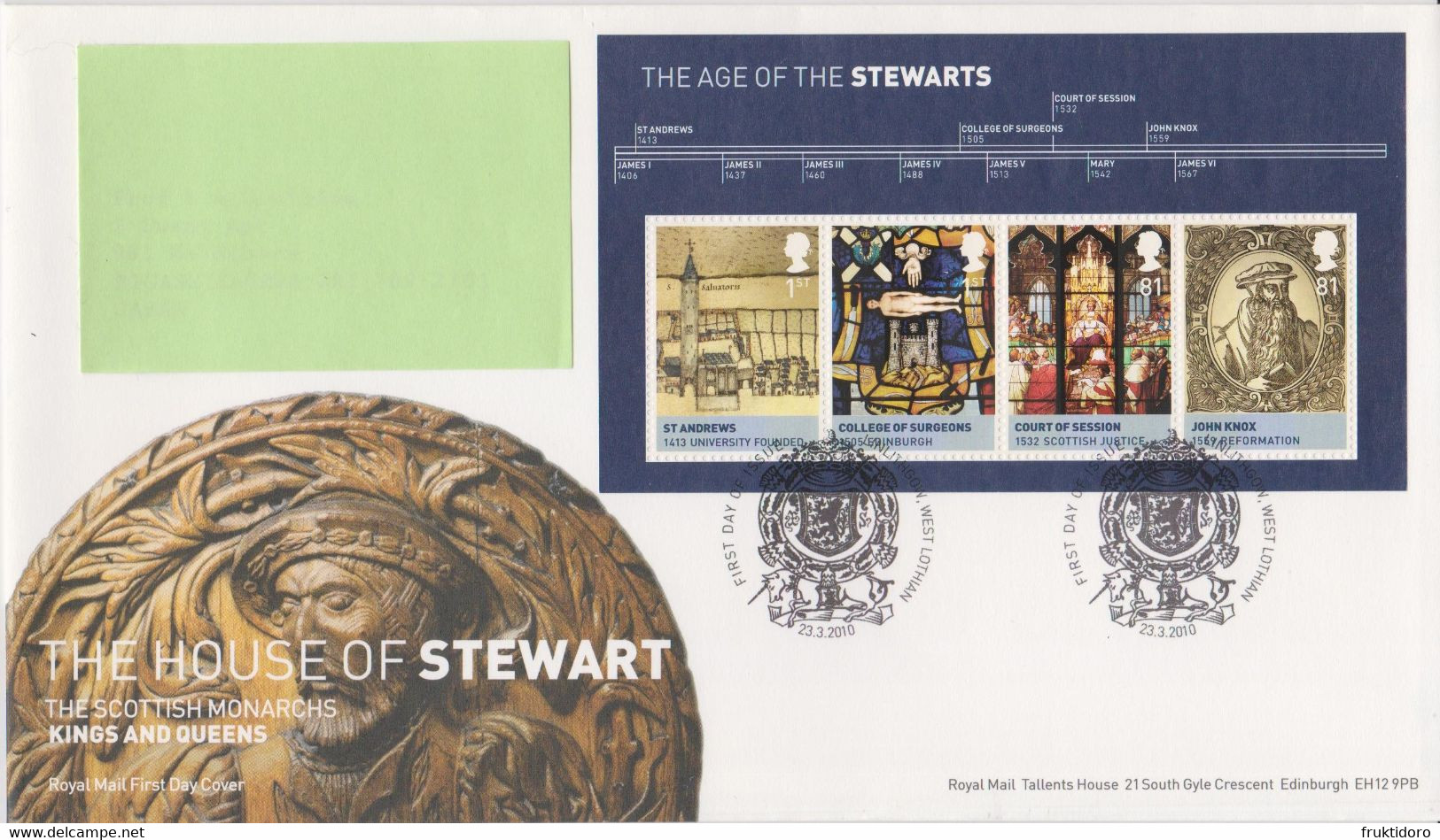 United Kingdom FDC Mi Block 55 The Age Of The Stewarts - Cancellation Linlithgow, Lothian - 2010 - 2001-2010 Em. Décimales