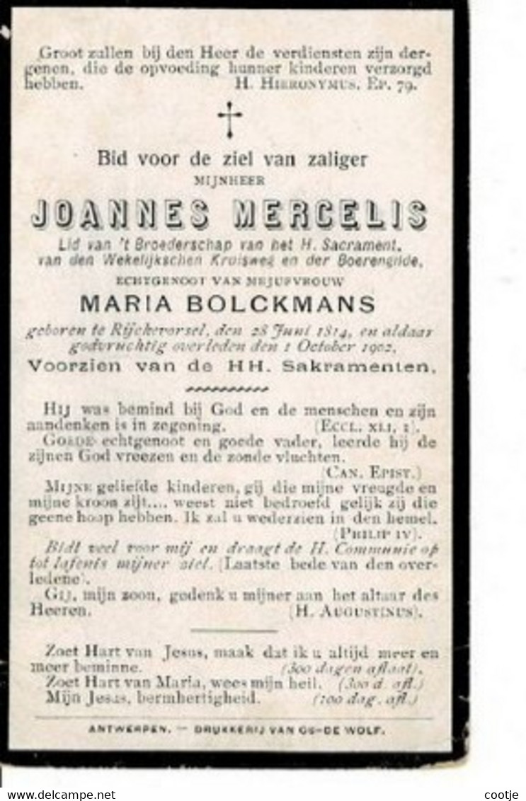 Theresia Mercelis Echt Frans Janssens O Ryckevorsel 1853 + Ryckevorsel 1911 - Devotieprenten