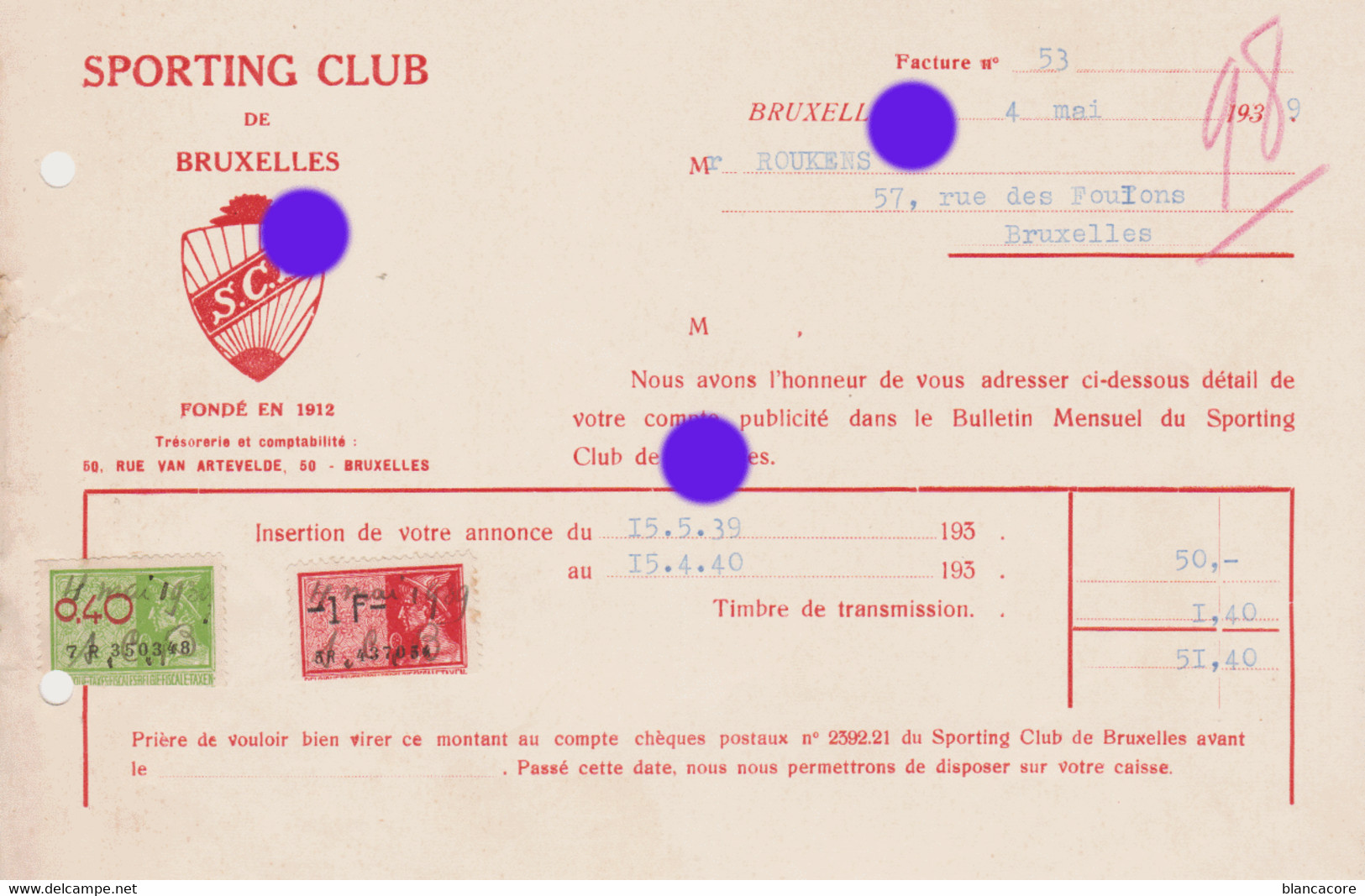 Sporting Club De Bruxelles Rue Van Artevelde 1939 - Sports & Tourism