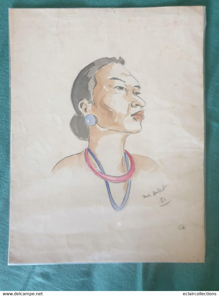 Vieux Papiers: Dessin   Illustrateur   Portrait D'une Femme Asiatique Colorisée . Papier épais      0.32 X  0.25 - Unclassified