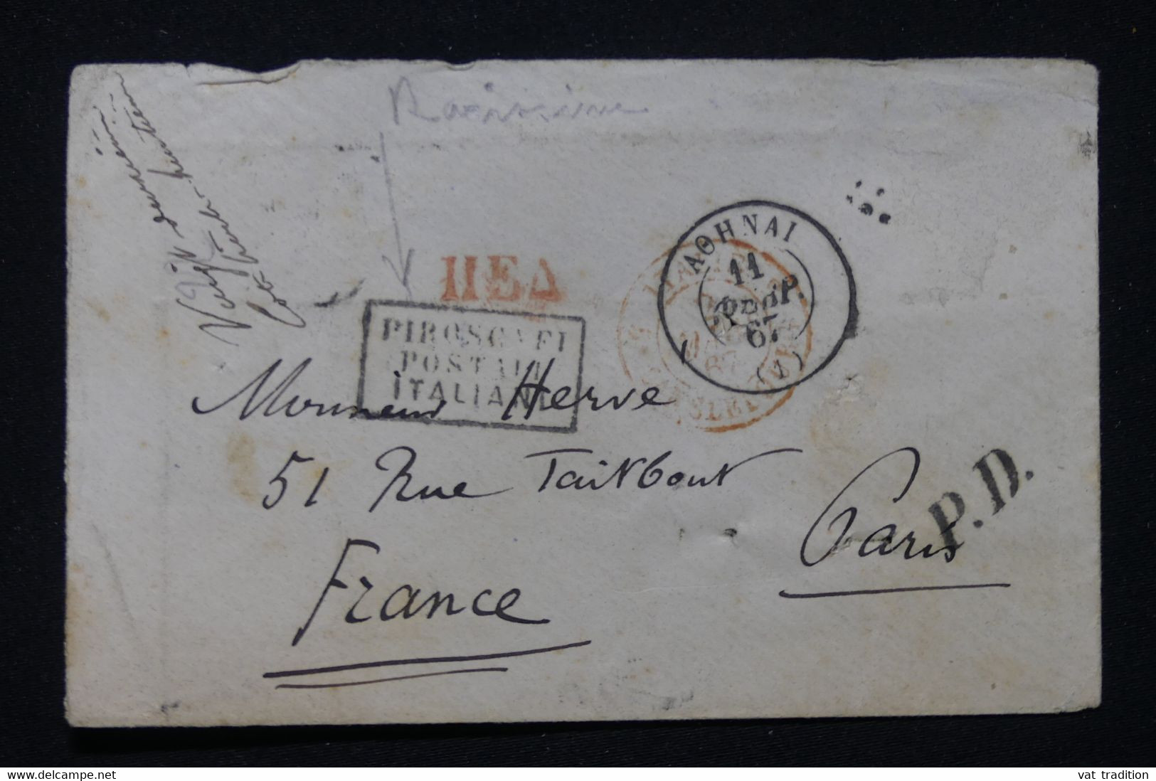 GRECE - Lettre De Athènes Pour La France Via L'Italie En 1867 , Rare Cachet " Pirosca Et Postaia Italiane "- L 90878 - Lettres & Documents