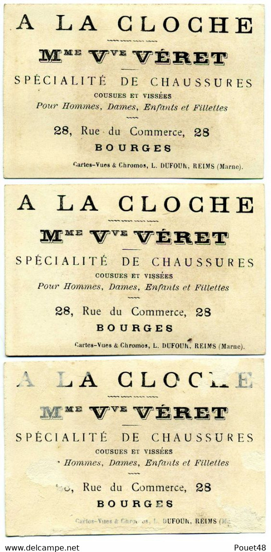 3 Chromos: Verbe: Travailler, Manger, Jouer - Pub: A La Cloche Mme VERET à Bourges - Sonstige & Ohne Zuordnung