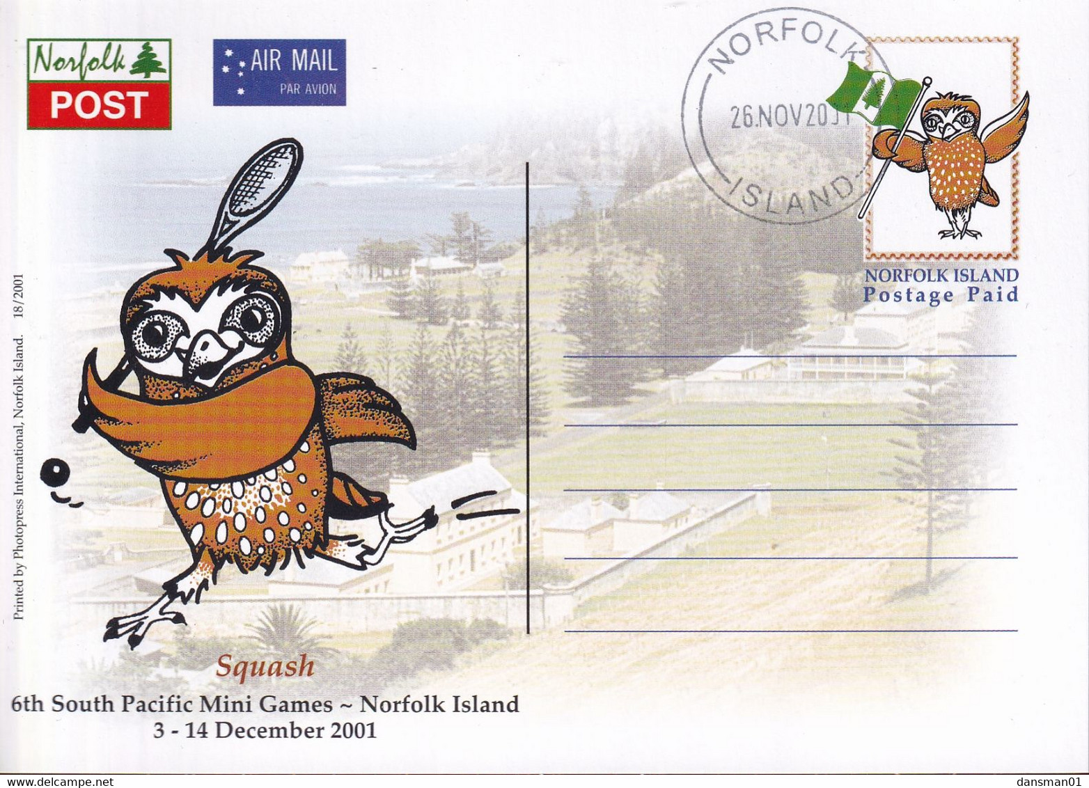 Norfolk Island 2001 Postcard South Pacific Mini Games Squash FDC - Ile Norfolk