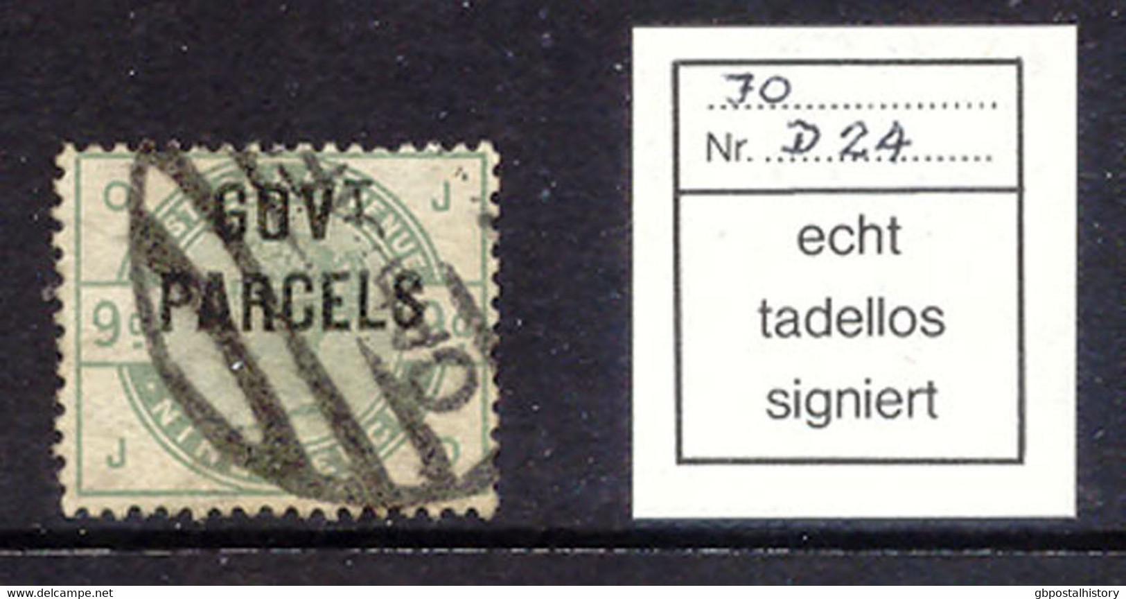 GB 1883 "GOVT. / PARCELS" Genuine Overprint On QV 9d Green, VFU EXPERTIZED By Pröschold BPP Cat. GBP 1200.-++ - Service