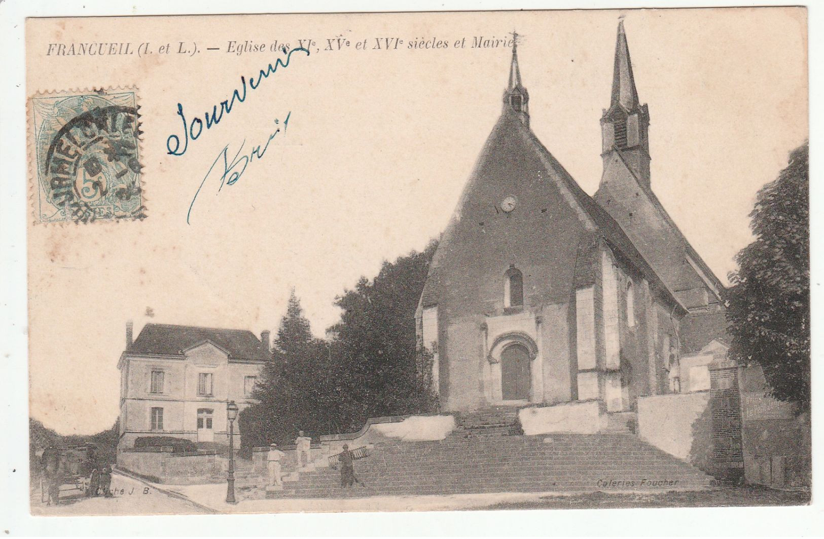 FRANCUEIL  (Indre-et-Loire) - Eglise Et Mairie - Petite Animation - Attelage (petit Plan) - - Autres & Non Classés