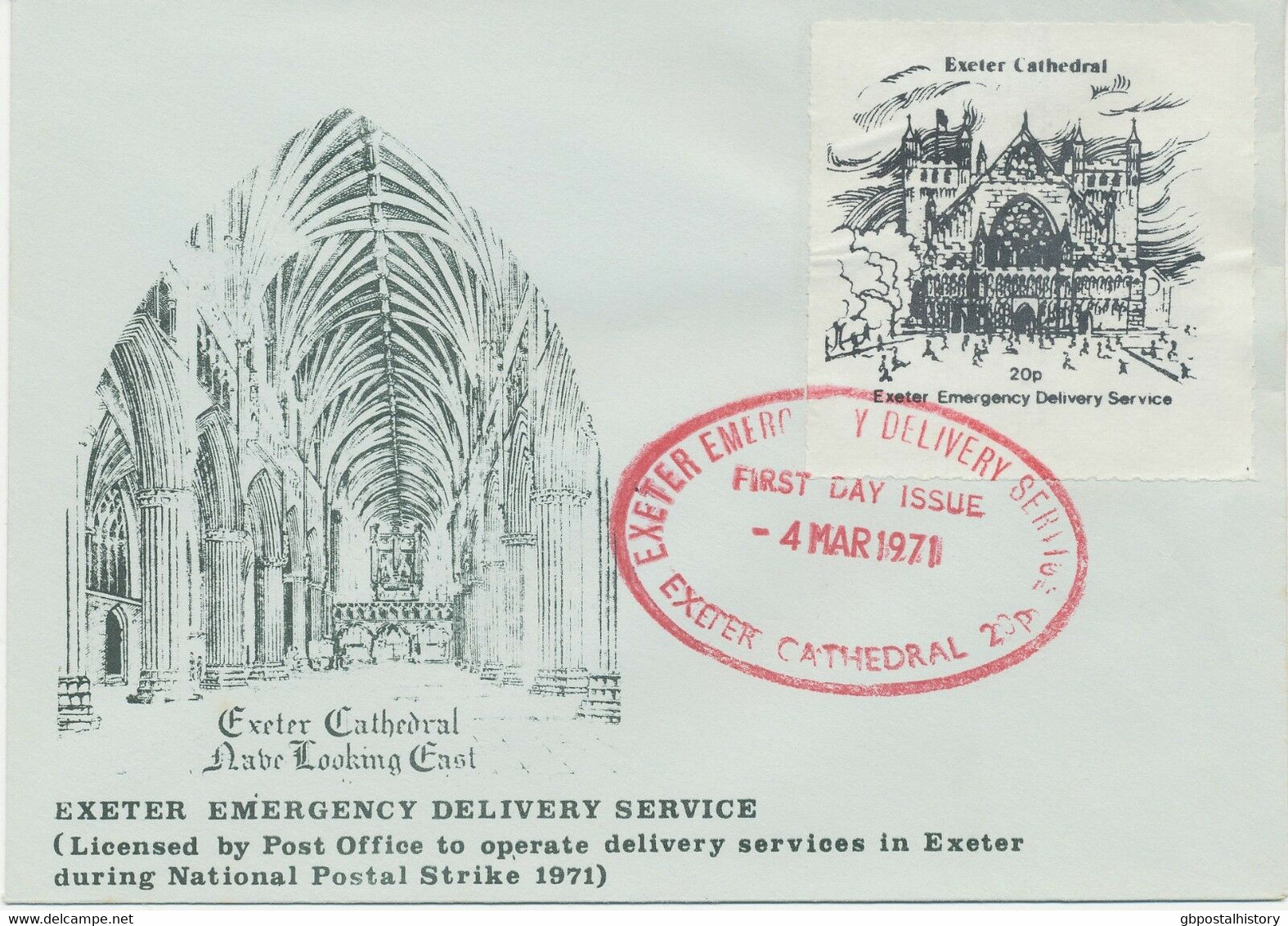 GB 1971 United Kingdom Postal Strike FDC Exeter Emergency Delivery Service 20p - Briefe U. Dokumente
