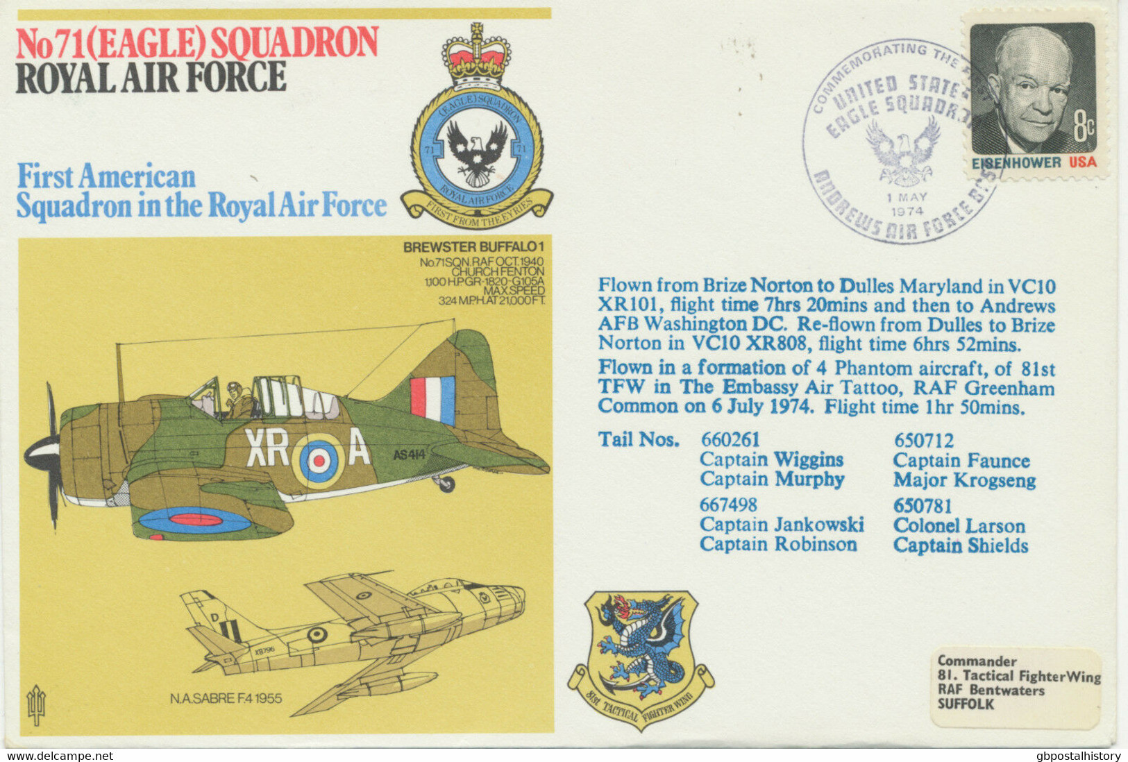 GB 1974 Special Flights Royal Air Force Flown Route „RAF BRIZE NORTON – DULLES - Lettres & Documents