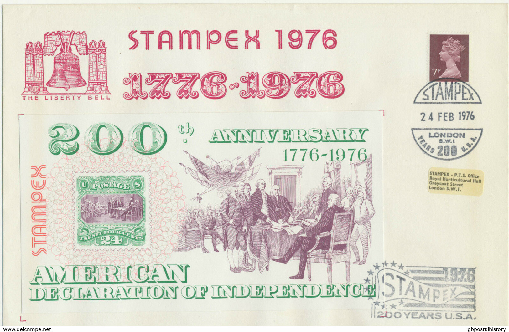 GB 1976 STAMPEX Special Handstamp Cover W 200th Anniversary Of USA Souvenir MS - Covers & Documents