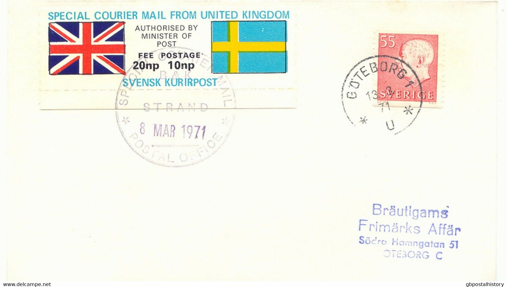 GB 8.3.1971 SPECIAL COURIERMAIL FROM UNITED KINGDOM TO SWEDEN SVENSK KURIRPOST - Brieven En Documenten