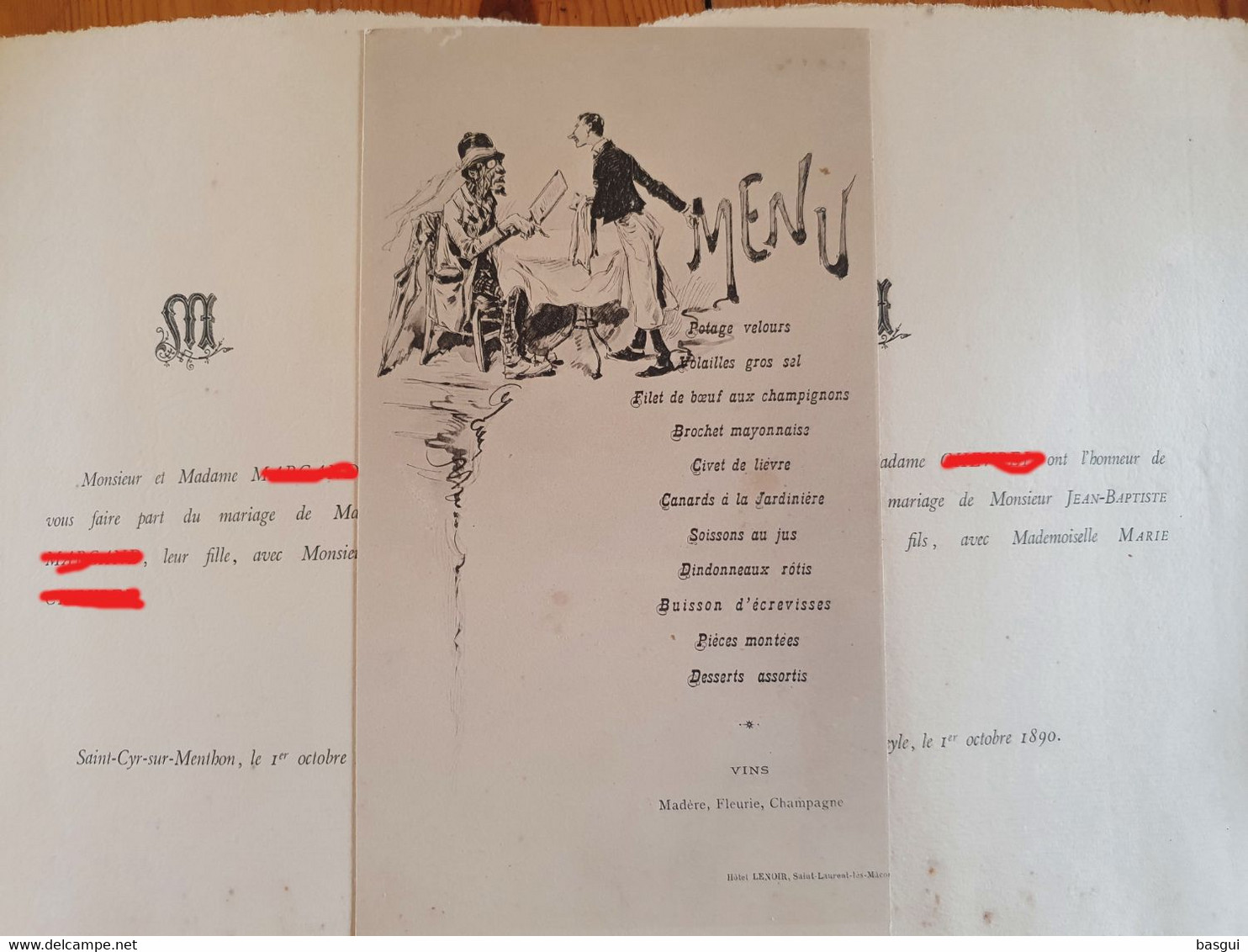 Ancien Menu De Mariage Illustré, Signé Kauffmann, Hotel Lenoir A St Laurent Les Macon 1890 - Menus