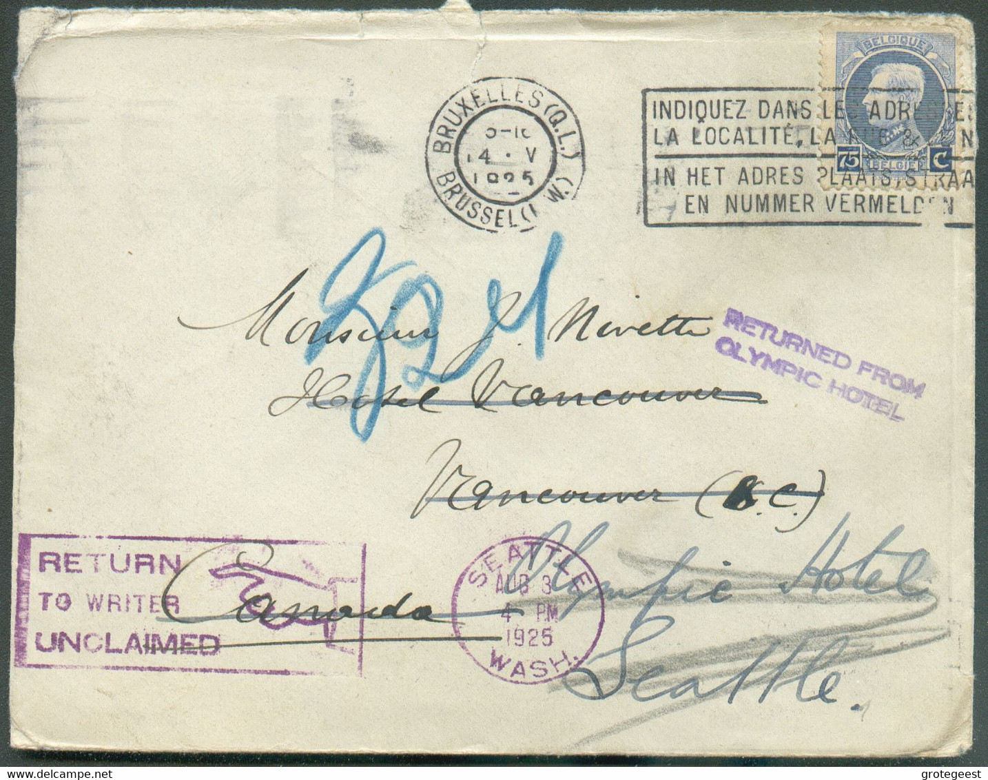 75c. Petit Montenez Obl. Mécanique De BRUXELLES (Q.-L.) Sur Enveloppe Du 14-V-1925 Vers Vancouver (USA), Biffé Et Renvoi - 1921-1925 Small Montenez