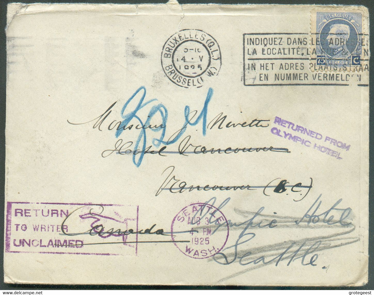 75c. Petit Montenez Obl. Mécanique De BRUXELLES (Q.-L.) Sur Enveloppe Du 14-V-1925 Vers Vancouver (USA), Biffé Et Renvoi - 1921-1925 Montenez Pequeño