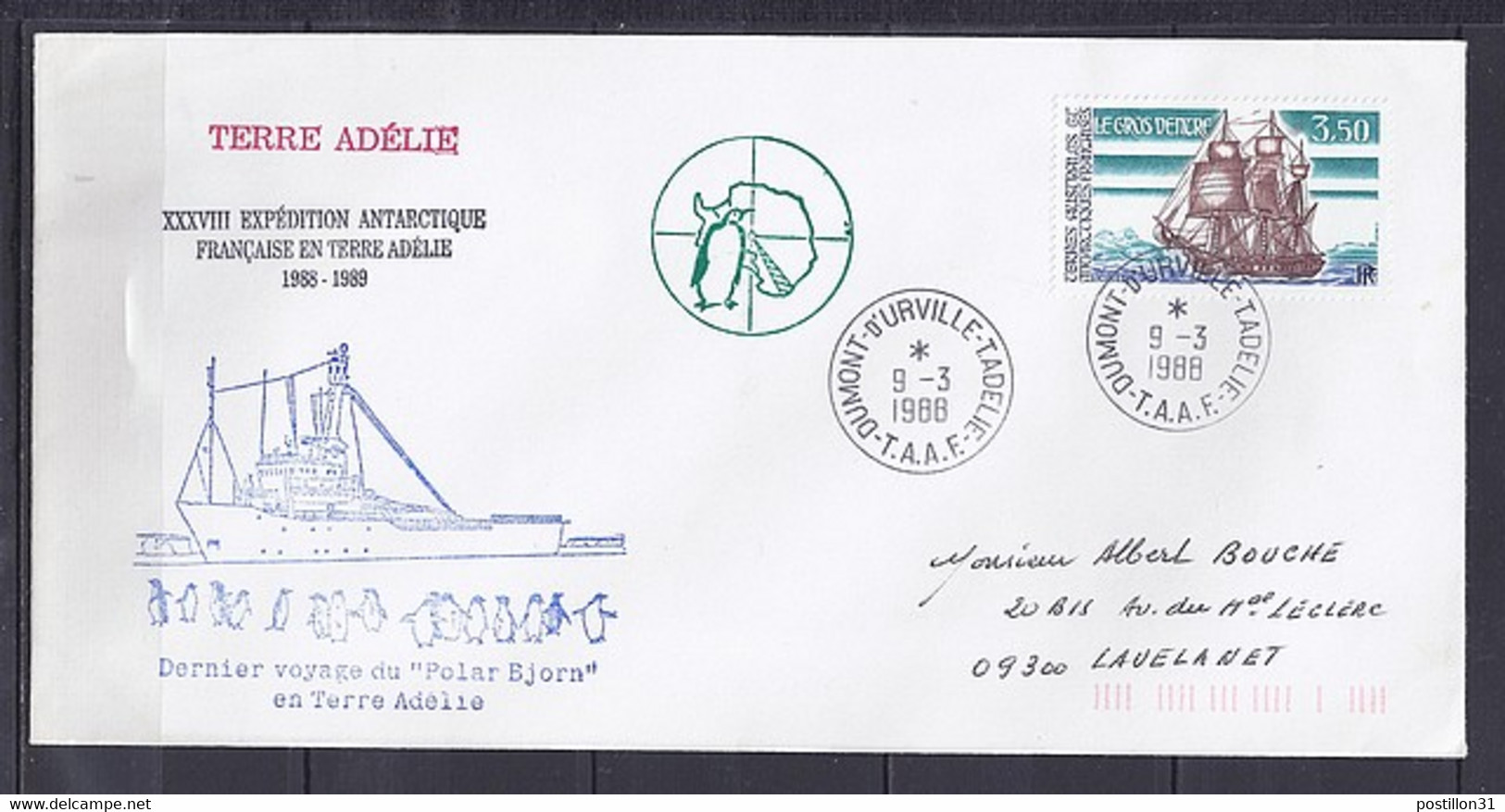 TAAF N° 135 SUR LETTRE DE DUMONT D URVILLE/9.3.88  // 38° EXPEDITION ANTARCTIQUE - Lettres & Documents