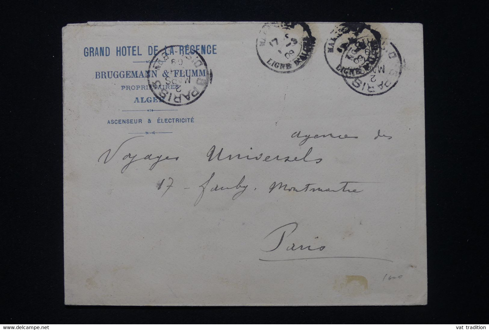 FRANCE - Griffe Du Naufrage Du Bateau "la Ville D'Alger" Sur Enveloppe Du Grd Hôtel D'Alger En 1909 Pour Paris - L 90946 - Ramppost