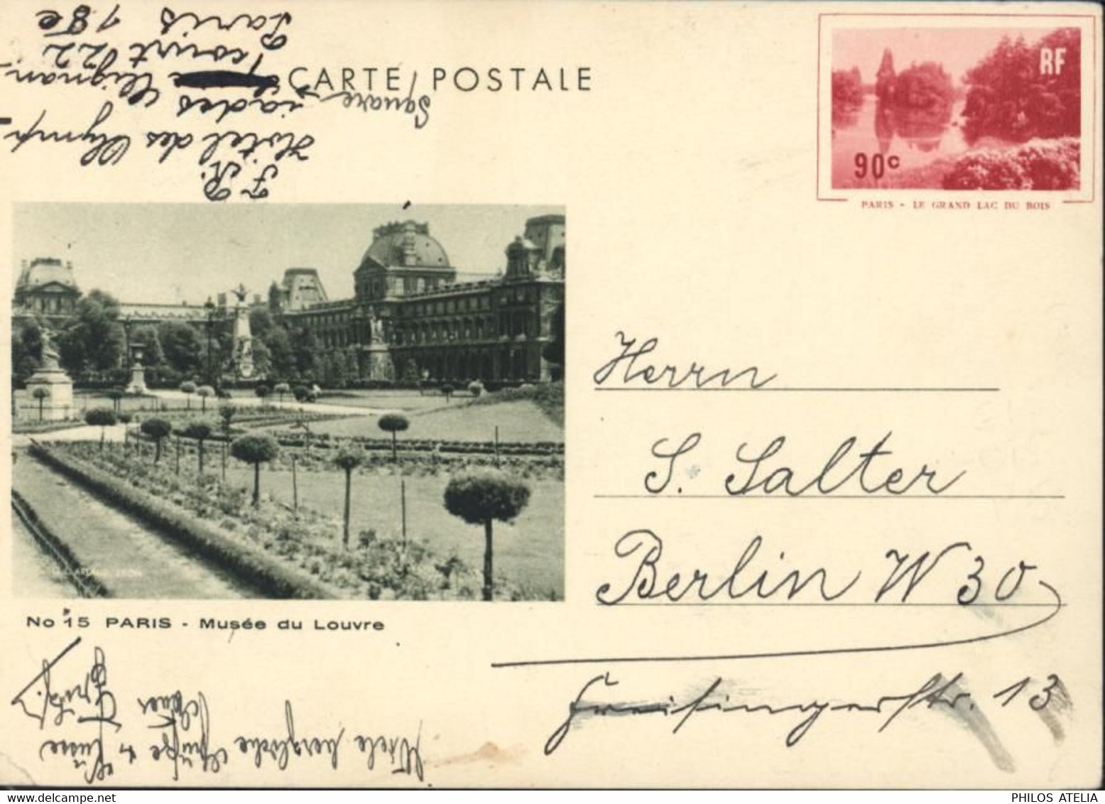 Entier Paris Le Grand Lac Du Bois 90c Rouge N°15 Paris Musée Du Louvre Vert Storch G1e Hôtel Olympiades Clignancourt - Cartes Postales Types Et TSC (avant 1995)