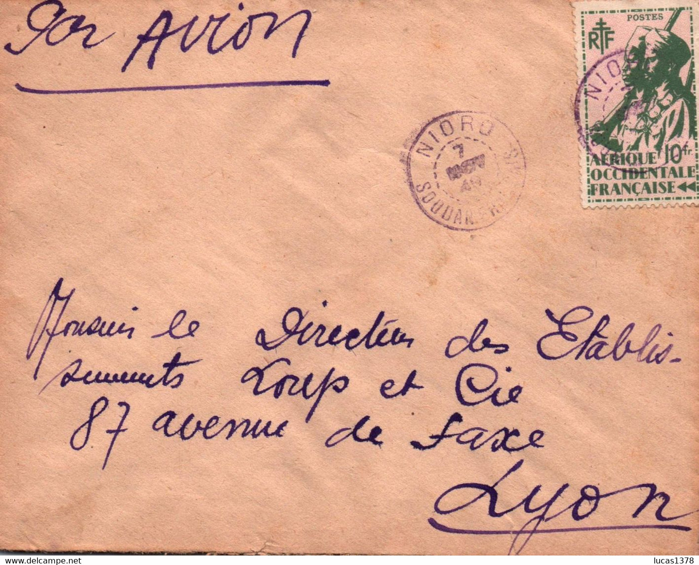 AOF / SOUDAN / LETTRE PAR AVION /  DEPART NIORO  POUR LYON 1949 - Sonstige & Ohne Zuordnung