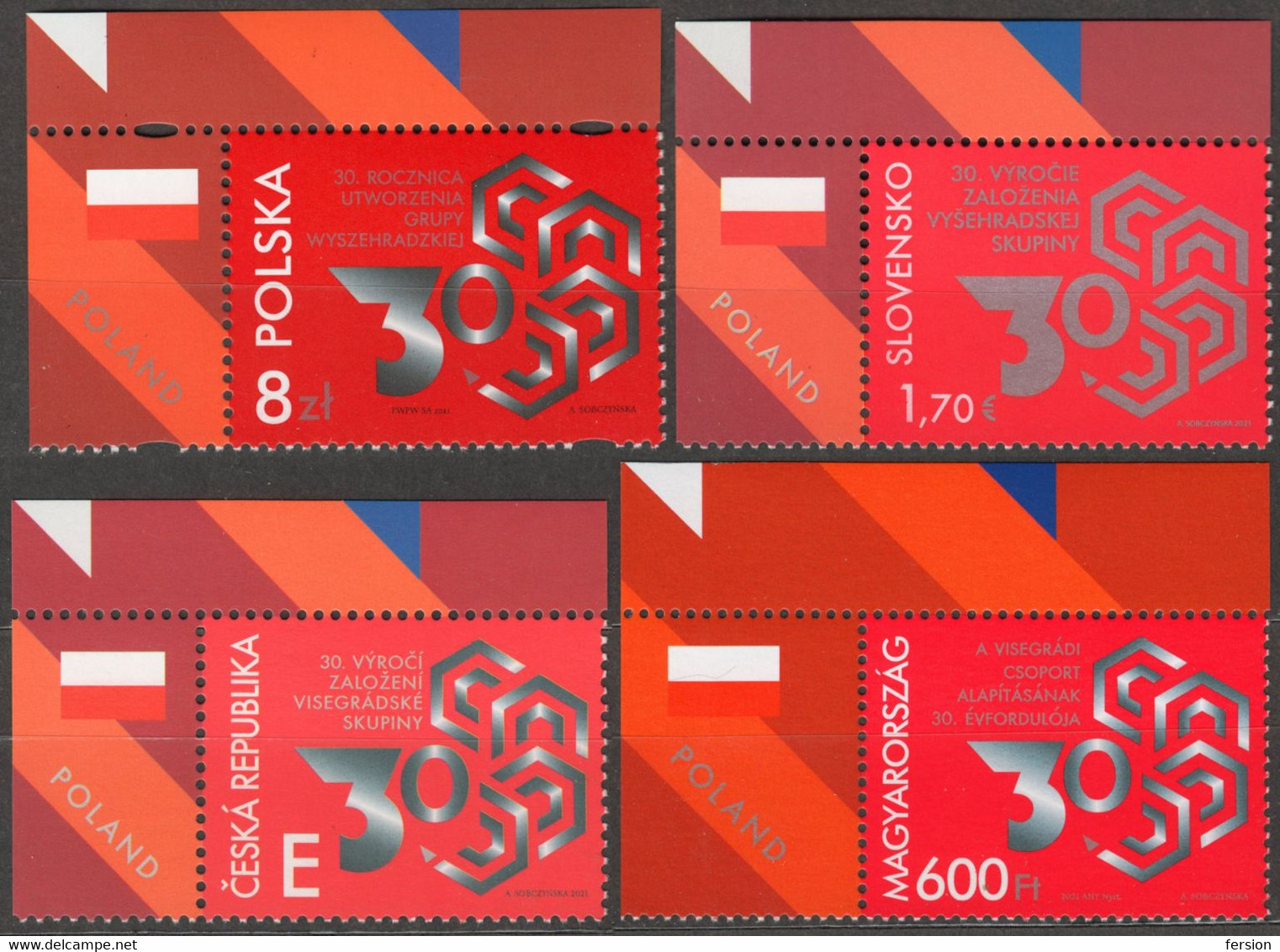 JOINT ISSUE 2021 FLAG Label Vignette Poland Slovakia Hungary Czechia Czech 30th Anniv. Formation Visegrád Group V4 - Unused Stamps