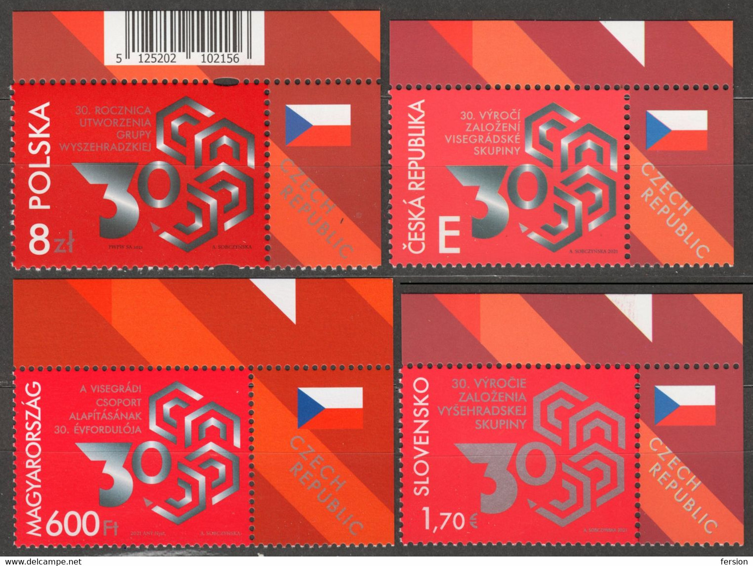 JOINT ISSUE 2021 FLAG Label Vignette Poland Slovakia Hungary Czechia Czech 30th Anniv. Formation Visegrád Group V4 - Neufs