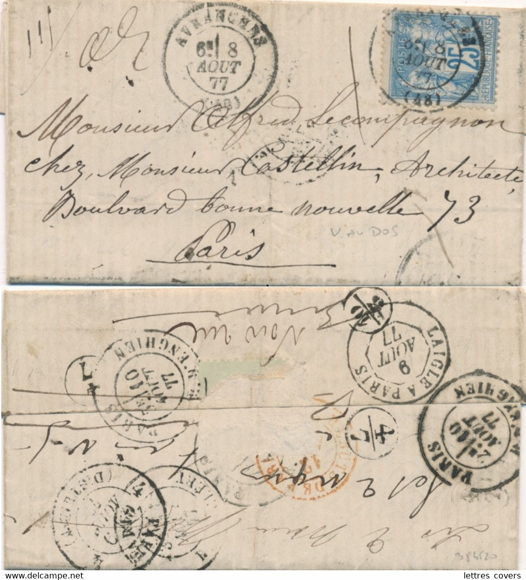 SAGE 25c Obl T17 AVRANCHES 8/8/77 MANCHE - REBUTS DE PARIS - PB DE NOMS - 1877-1920: Semi Modern Period