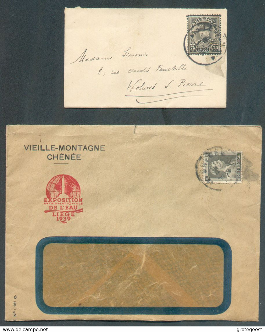 Lot De 2 Lettres ; 1 De CHENEE (Exposition De L'Eau LIEGE 1939), La 2 Affr. 75c. Albert Képi De LEUVEN 19-VII-1934 Sur P - 1931-1934 Képi