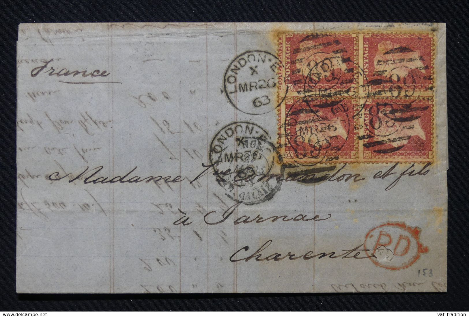 ROYAUME UNI - Lettre De Londres Pour La France En 1863, Affranchissement Victoria En Bloc De 4  - L 90990 - Covers & Documents