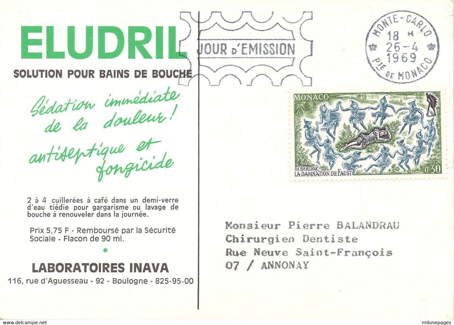 MONACO 1969 0.30 Damnation De Faust Sur Carte Publicitaire Laboratoires Inava Eludril Bains De Bouche - Storia Postale