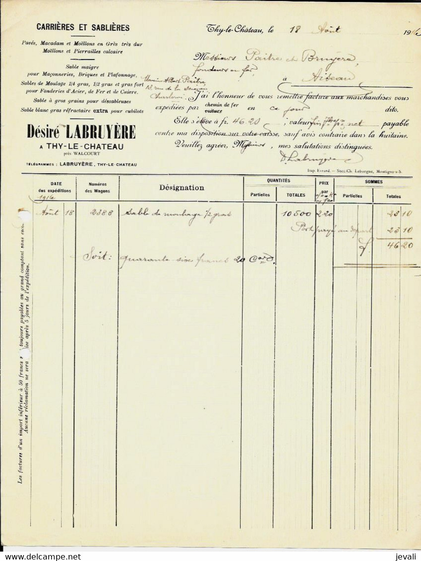 THY-le-CHÂTEAU  -   Désiré Labruyère ( Carrières Et Sablières )  1911 - Other & Unclassified