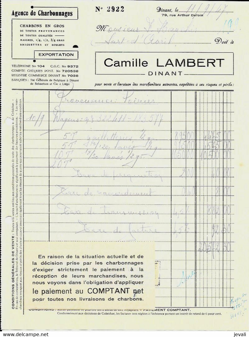 DINANT -   Camille Lambert  ( Agence De Charbonnages )  1947 - Autres & Non Classés