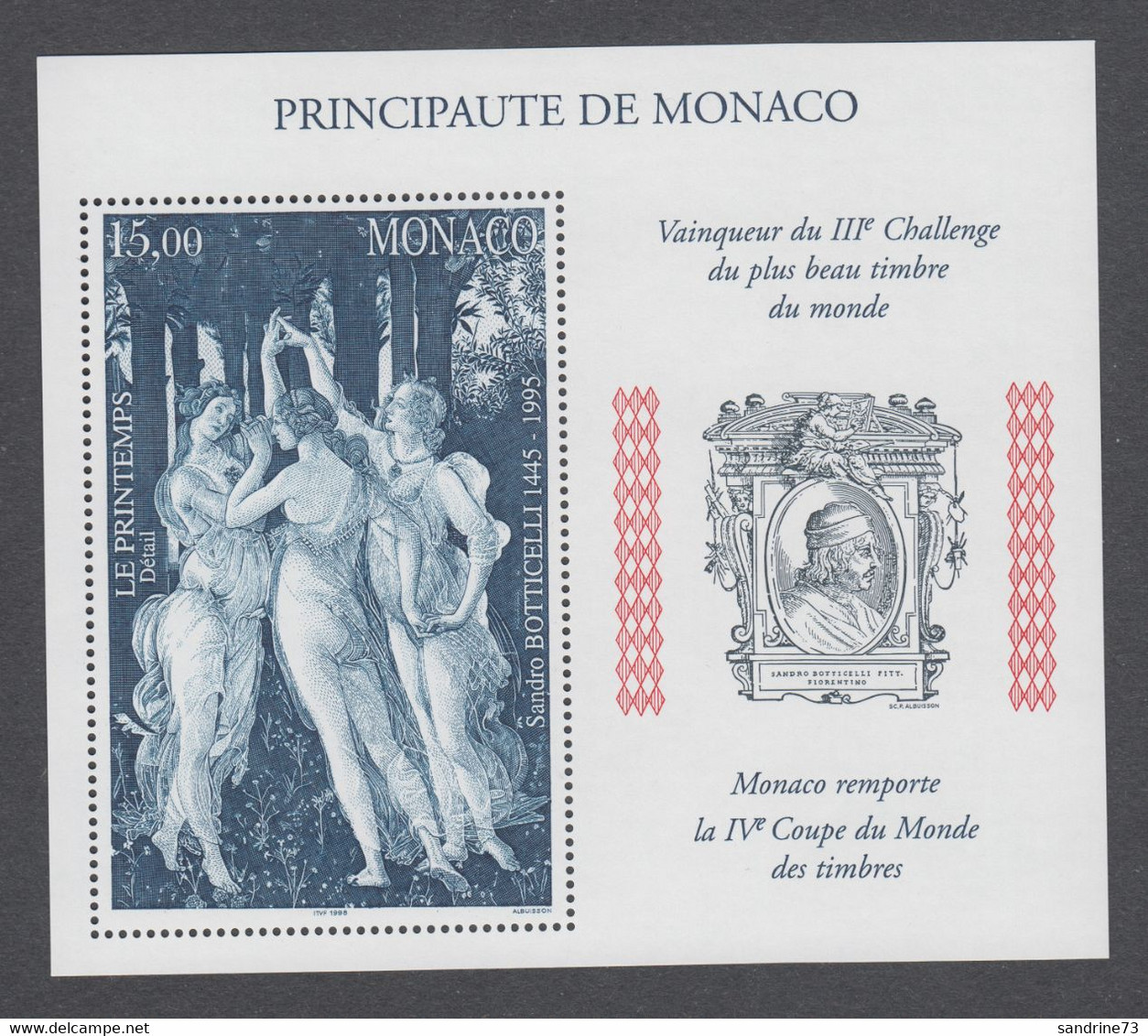 Monaco -Timbres Neufs ** - Peintre Botticelli "Le Printemps" - Bloc 77 - Luxe - Other & Unclassified