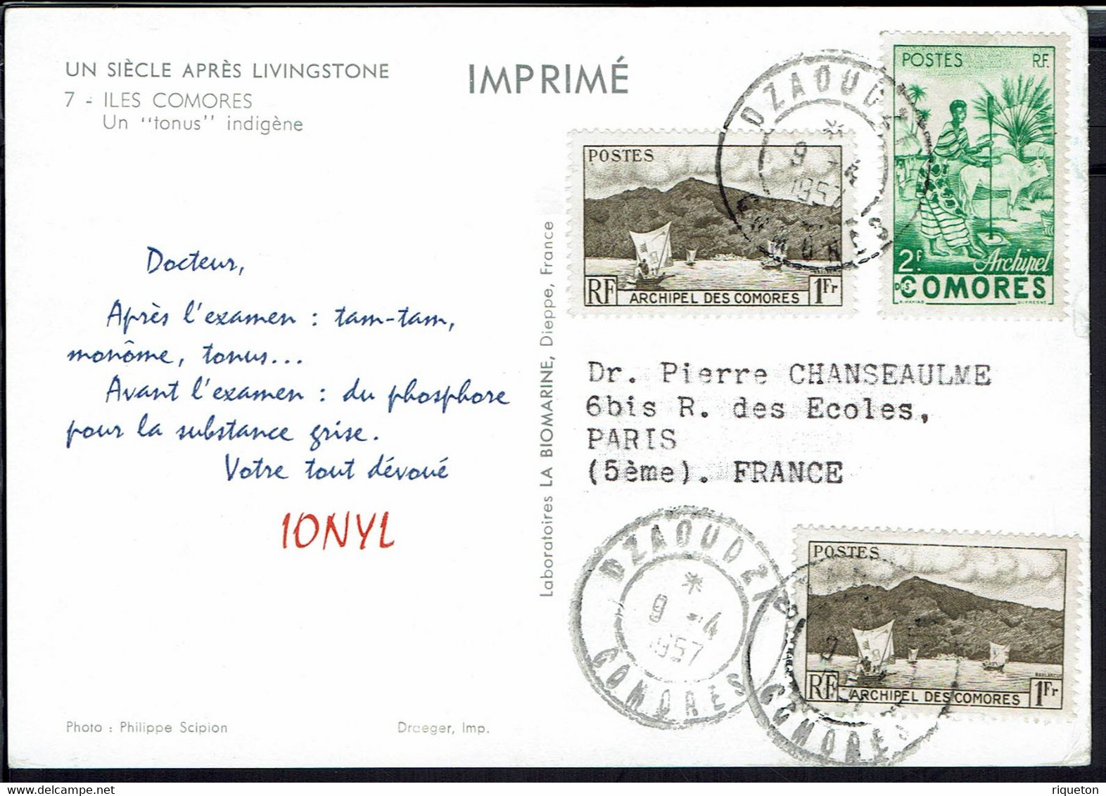 Comores - Carte Postale Imprimé "Ionyl Iles Comores" Affranchissement à 4 F. De Dzaoudzi 9-4-1957 Pour Paris - - Lettres & Documents