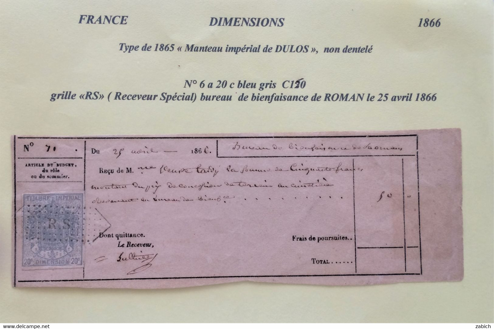 FISCAUX DE FRANCE  DIMENSION  N°6 A  20C Bleu Gris  Sur Quittance De 1866 Cote Du Timbre 150€ - Andere & Zonder Classificatie