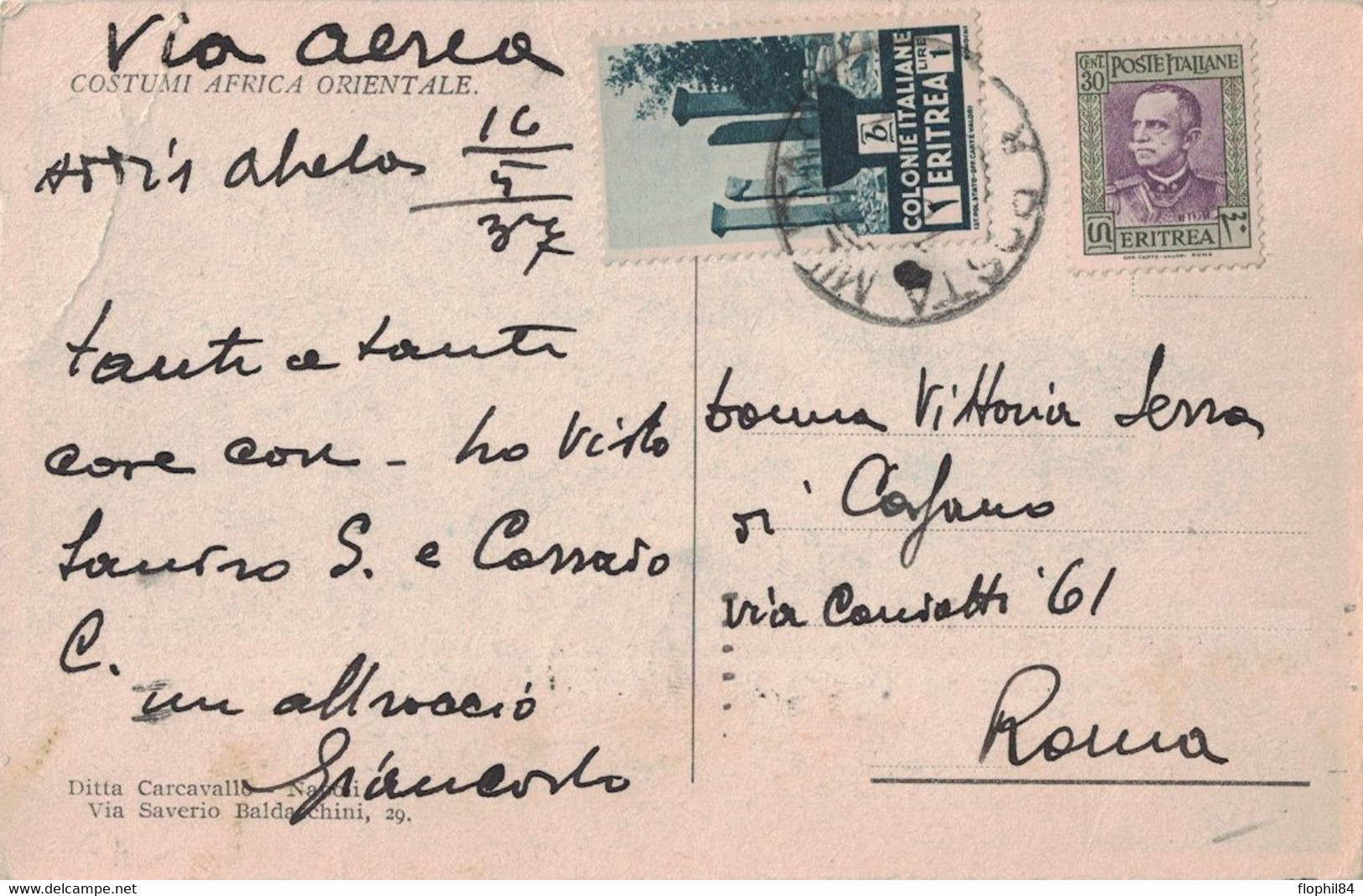 ERITREE - COLONIE ITALIENNE - POSTA MILITARE - 16-5-1937 - DE ADDIS-ABEBA - CARTE POUR ROME - FEMME SEINS NUS. - Eritrée