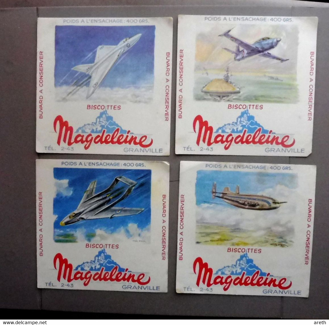 4 Buvards Anciens - Biscottes MAGDELEINE  - Avions - Dessins Géo Ham - Transports