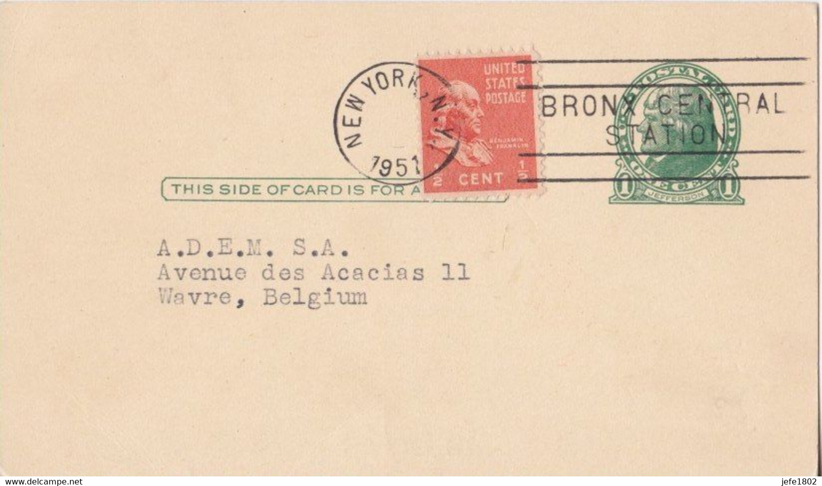 Postal Stationery - Bronx Central Station - New York 1951 Sent To Wavre Belgium - 1941-60