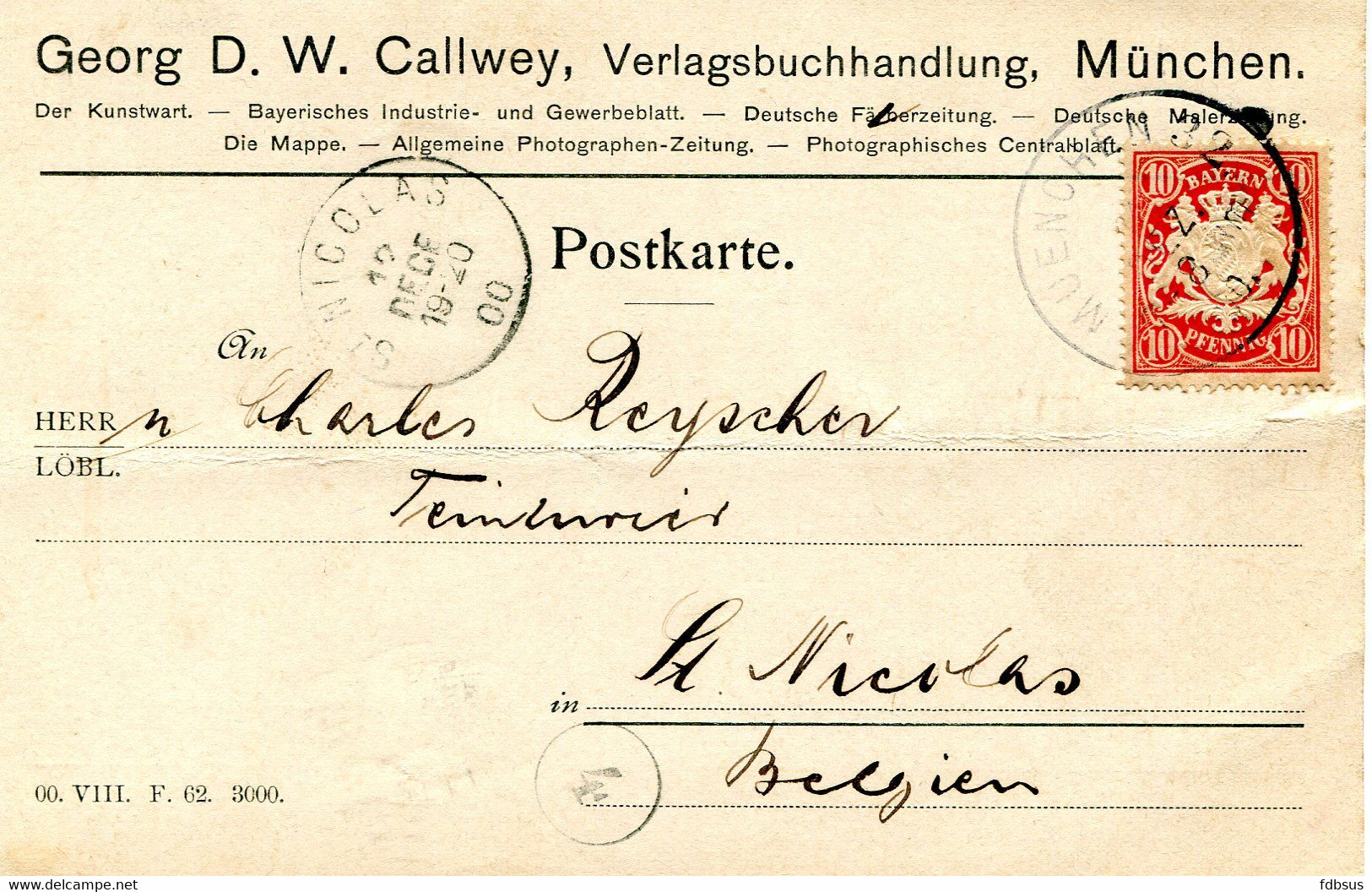 1900 Postkarte From GEORG D.W. CALLWEY Photograph MUENCHEN 32 To Saint Nicolas C/o C. Reychler - - Other & Unclassified