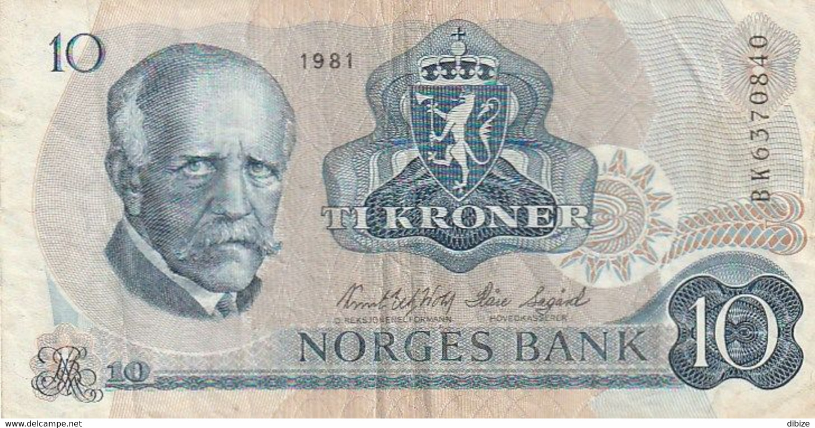 Billet De Banque Usagé. Norvège. 10 Couronnes. 1981. Personnage. Écusson. Bateau. Ouvrier. Etat Moyen - Norvège