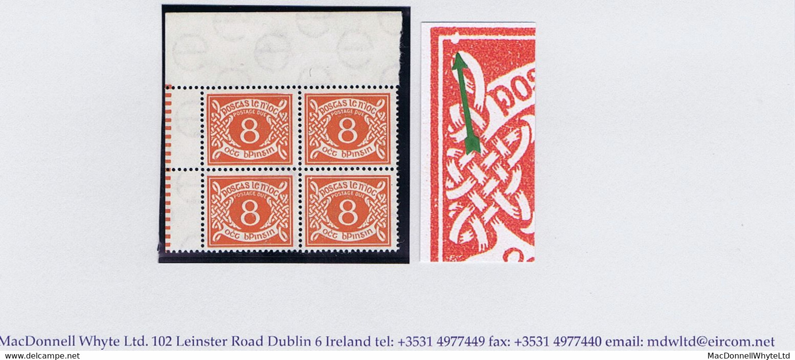 Ireland 1940-69 Watermark E 8d Orange Var. "Flaw On Frame” Of Row 2/2, In A Corner Block Of 4 Mint Unmounted - Segnatasse