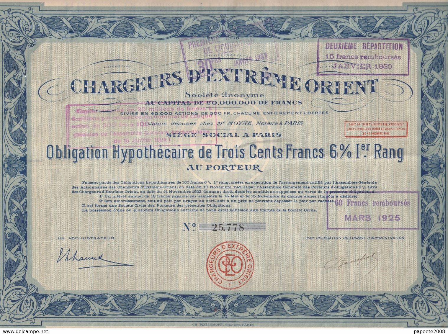 Indochine - Chargeurs D'Extrême-Orient - Obligation Hypothécaire De 300 F - 1922 - Asie
