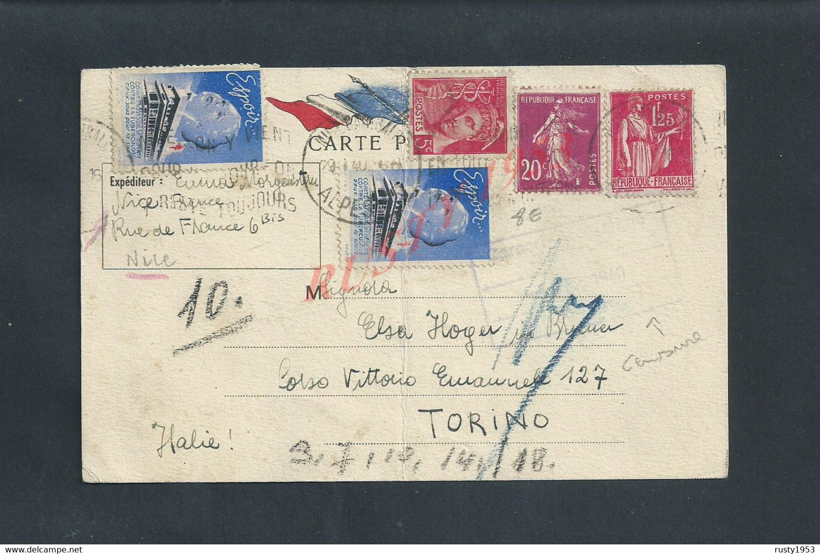 MILITARIA CARTE DE FRANCHISE MILITAIRE DRAPEAUX SUR TIMBRES DE 1940 SUR VIGNETTES TUBERCULOSE DE NICE CENSURE MILITAIRE - Antituberculeux