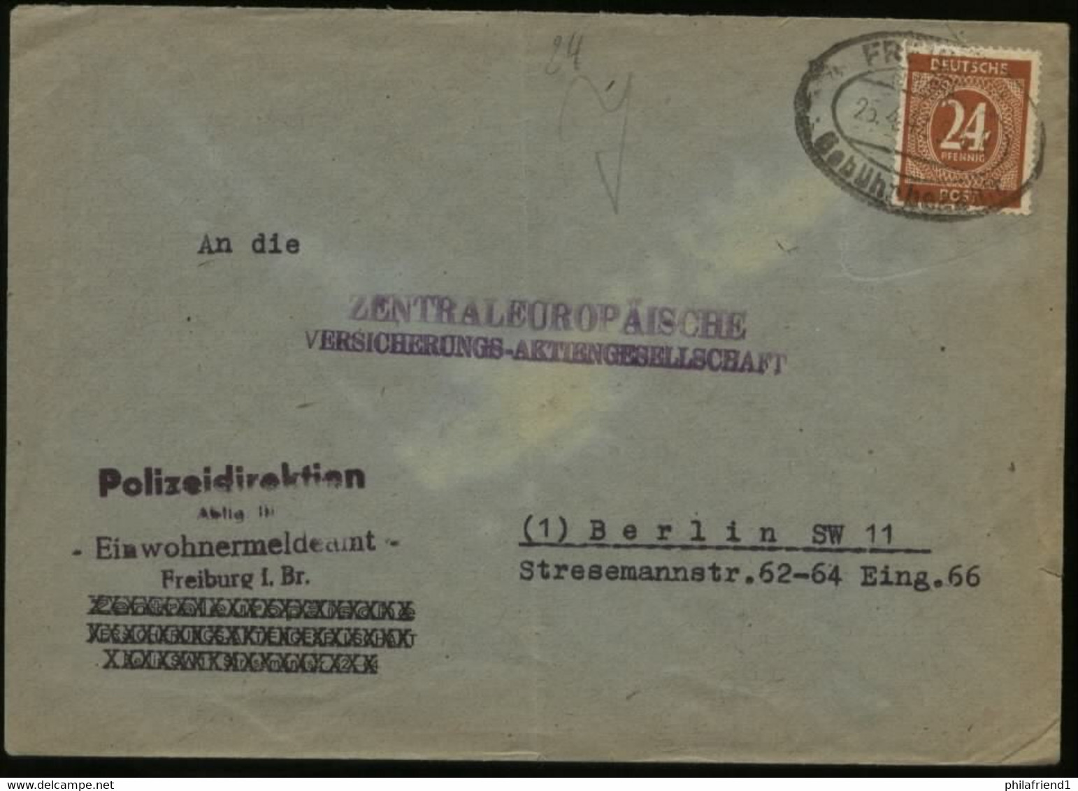 S1889 All. Besetzung Ziffer Brief , Gebraucht Mit Gebühr Bezahlt Stempel Freiburg - Berlin 1947 , Bedarfserhaltung. - Otros & Sin Clasificación