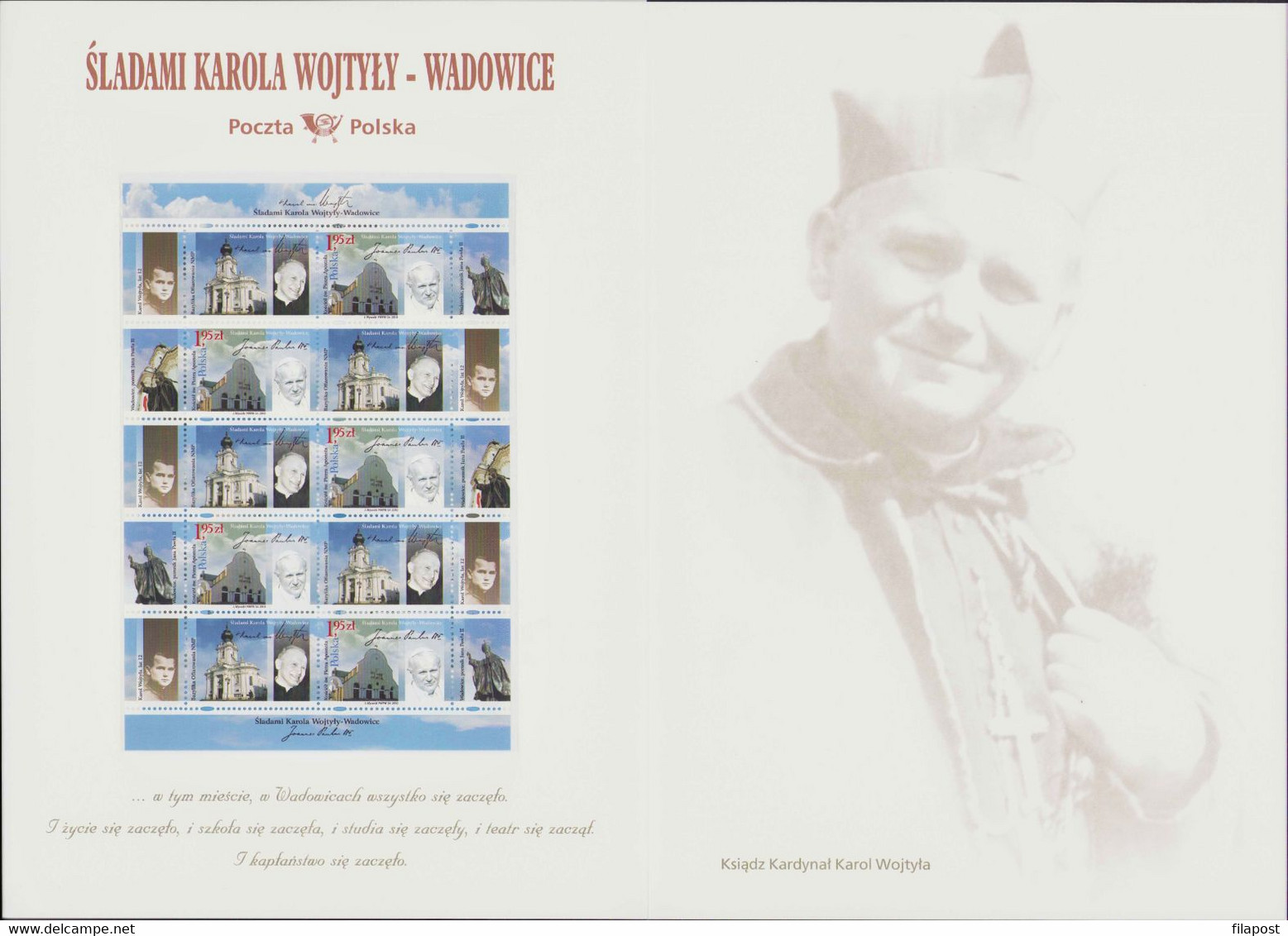 Poland 2010 Mi 4484 Souvenir Booklet / In The Steps Of Karol Wojtyla - Wadowice, Pope John Paul II / Full Sheet MNH**FV - Rollo De Sellos