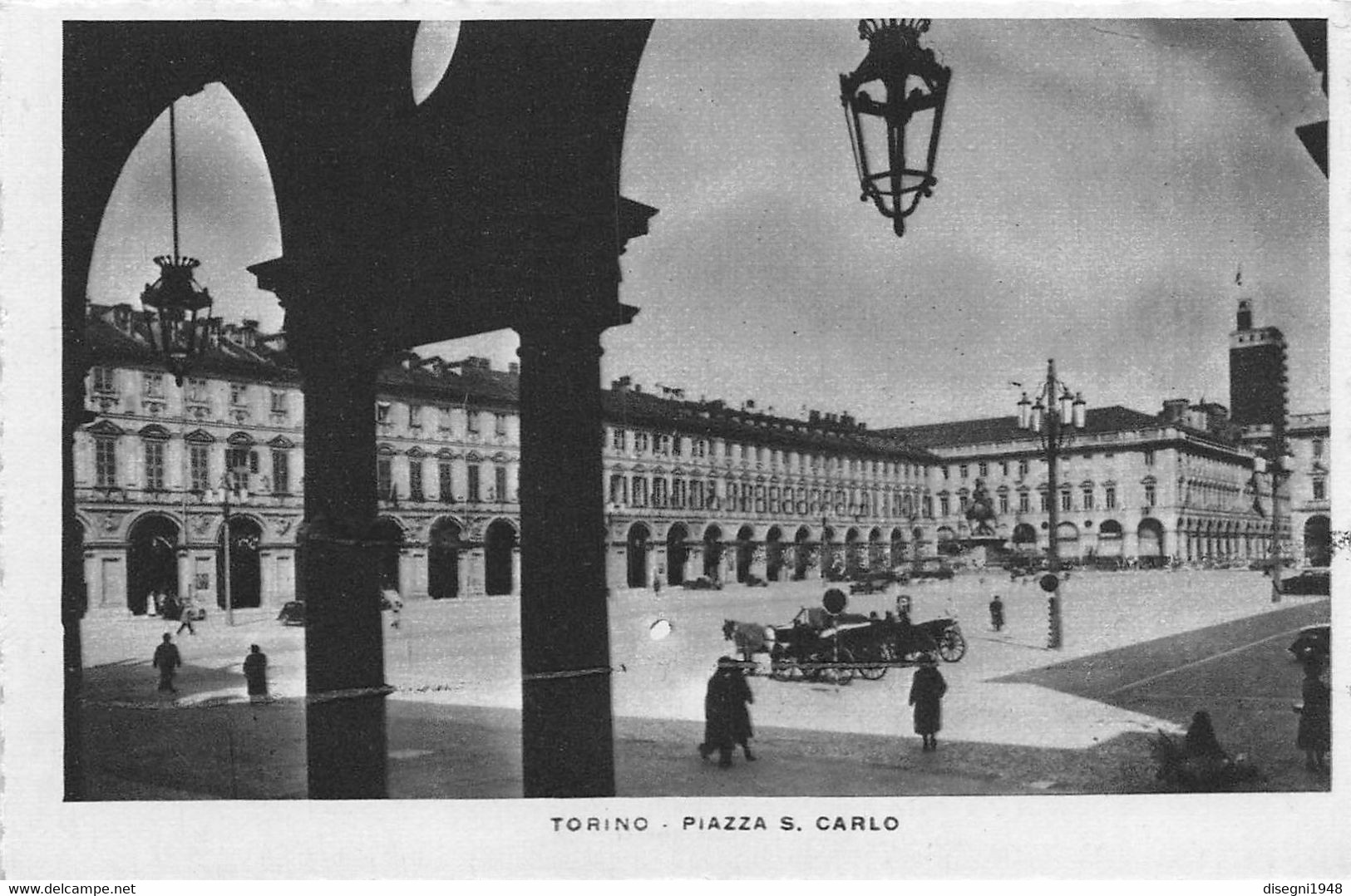 09423 "TORINO - PIAZZA S. CARLO - ANNI '30 DEL XX SECOLO" ANIMATA - TRAMWAY - CARROZZELLE - CART. ILL. ORIG. NON SPED. - Places & Squares