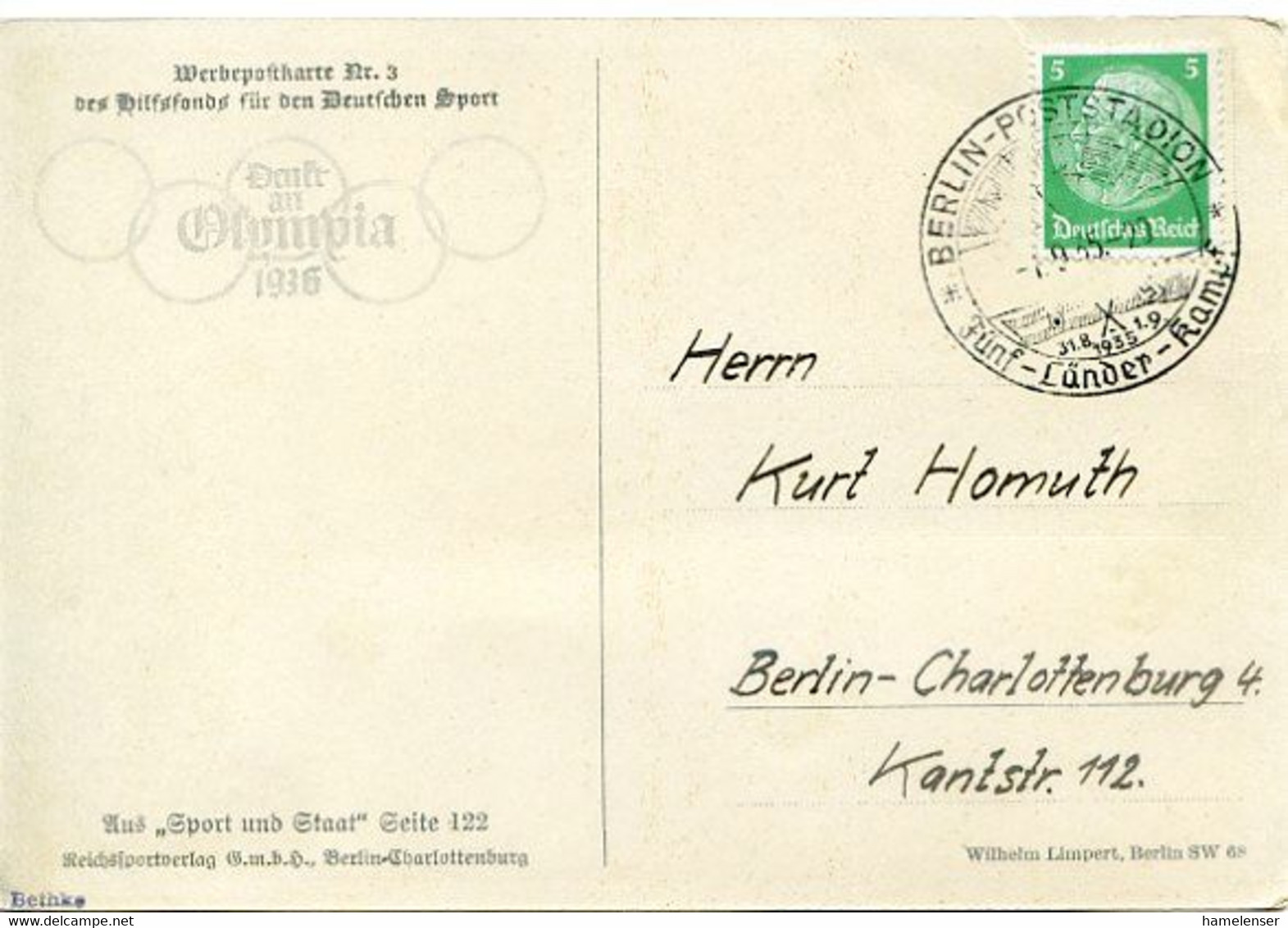 48448 - Deutsches Reich - 1935 - Sport-Werbepostkarte Nr.3 - SoStpl. BERLIN-POSTSTADION  FUENF-LAENDER-KAMPF -> Berlin - Zomer 1936: Berlijn