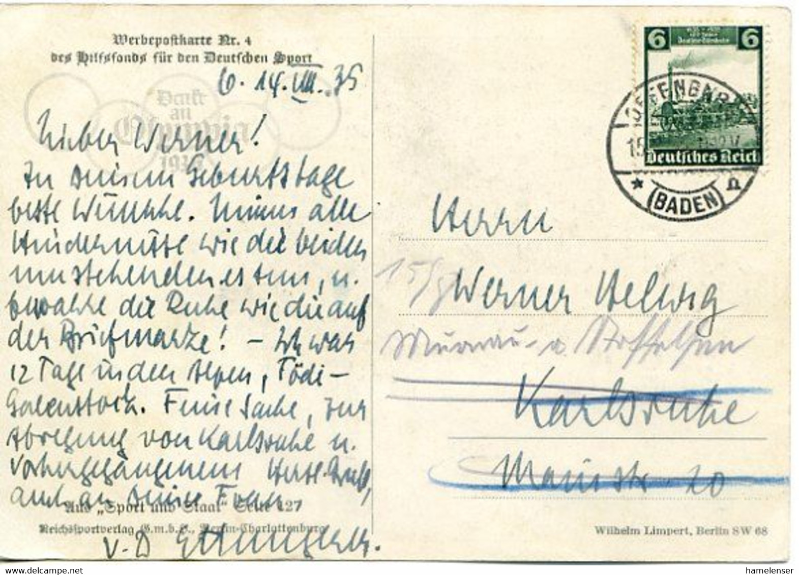 48449 - Deutsches Reich - 1935 - Sport-Werbepostkarte Nr.4 - OFFENBURG (BADEN) *h -> Karlsruhe, Nachgesandt - Estate 1936: Berlino